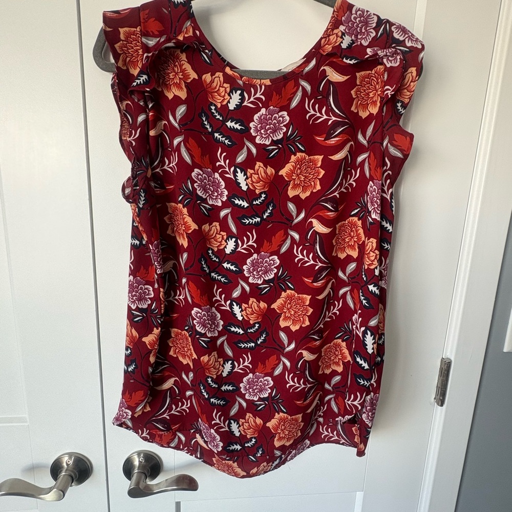 LOFT Floral Ruffle Sleeve Blouse - Red and Orange